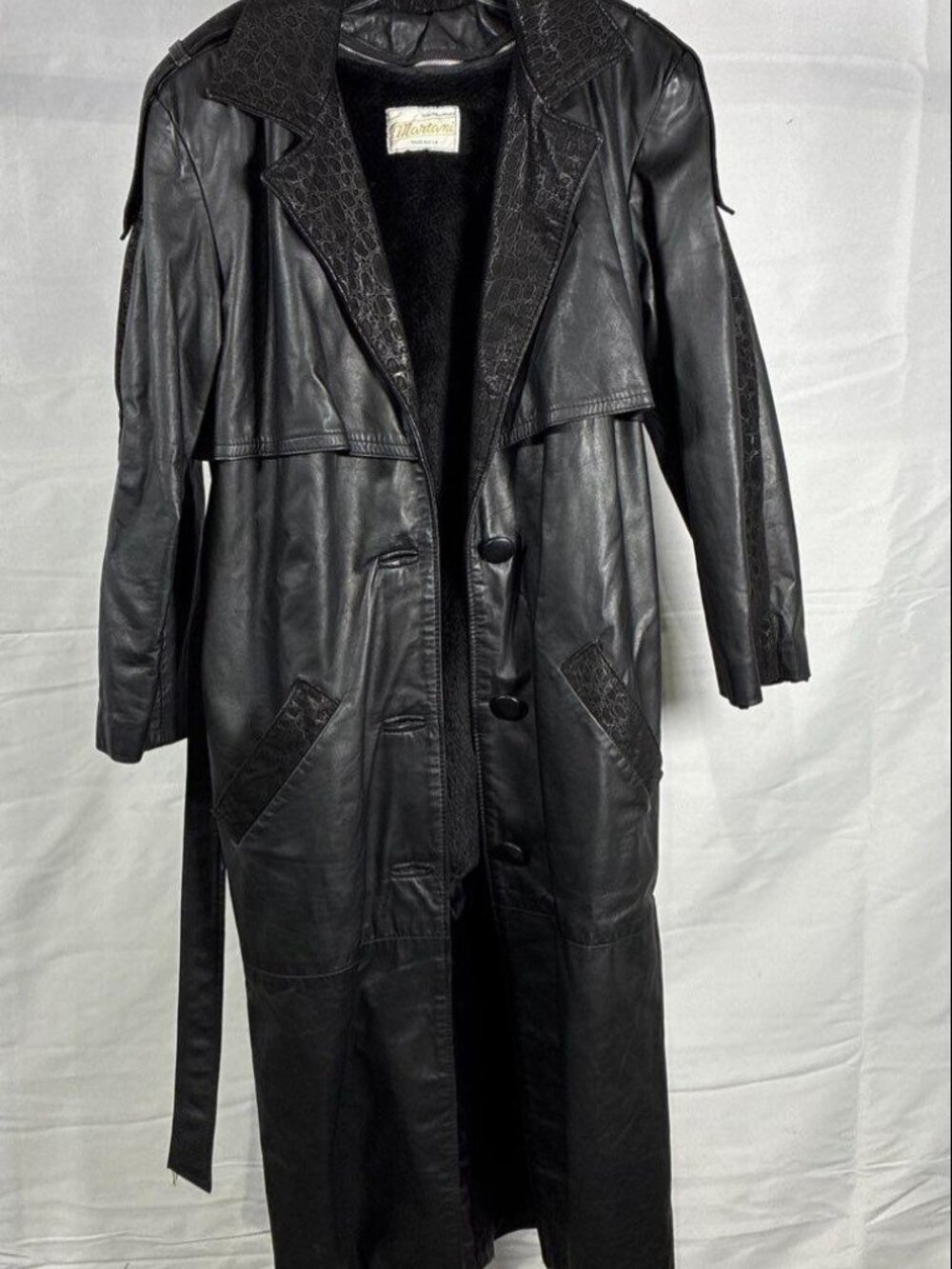 VTG Leather Trench Coat 80s Martani Black S Winter Power Quiet Luxury City Chic